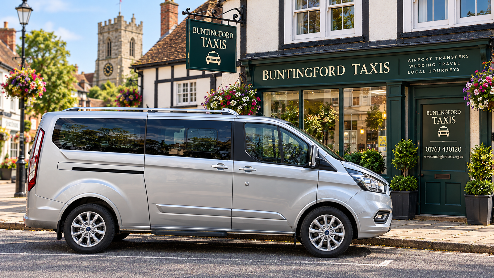 Silver Minibus Outside Buntingford Taxis